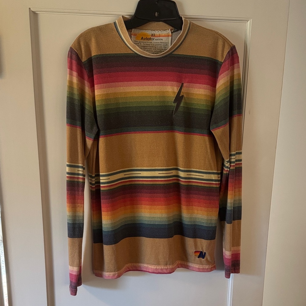 Aviator Nation Tan Multicolor Striped Lightning Bolt Long Sleeve Top